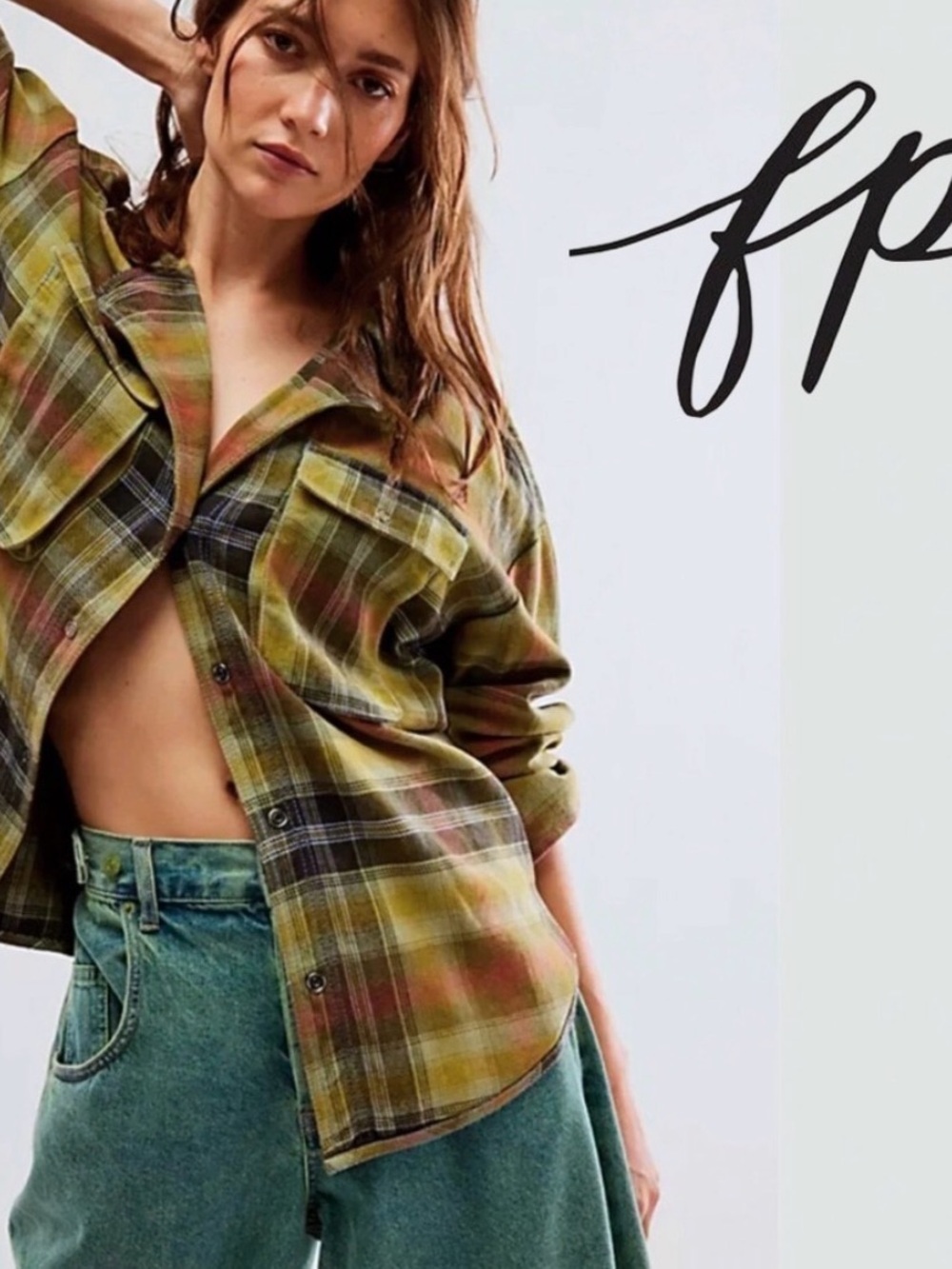 Free People Olive Multi Plaid Button-Down Shirt